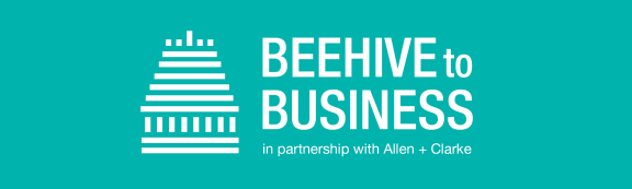 Teal background with white text reading Beehive to Business 